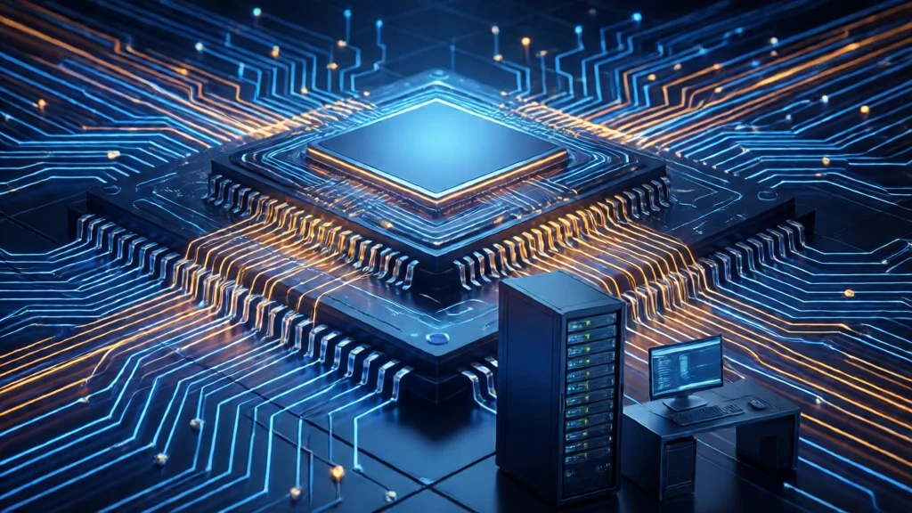 Chip de IA com trilhas luminosas em azul e âmbar, com servidor de rack e workstation ao fundo