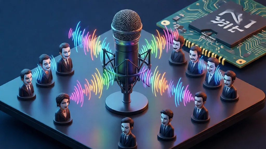 Isométrico de um microfone central com ondas sonoras coloridas em direções diferentes e 16 personagens em miniatura, sobre um chip de GPU — representando o Drama 3 da Fish Audio.