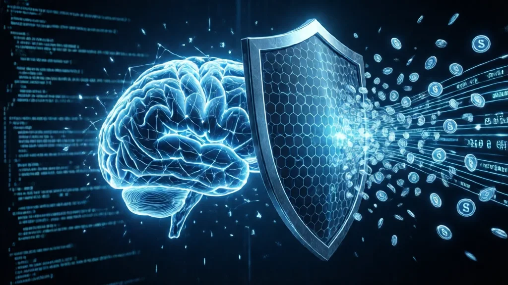 Cérebro neural brilhante protegido por um escudo hexagonal, com fragmentos de dados sendo bloqueados — conceito de defesa contra ataques de distilação de modelos de IA