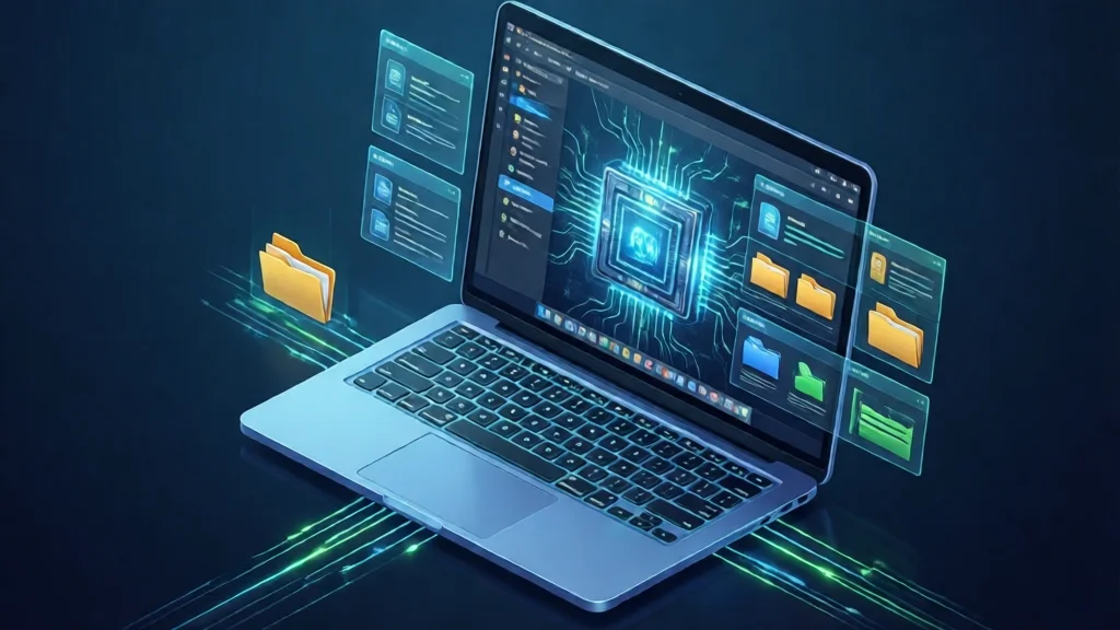 Laptop Linux moderno com interface de sistema operacional futurista e assistente de IA integrado