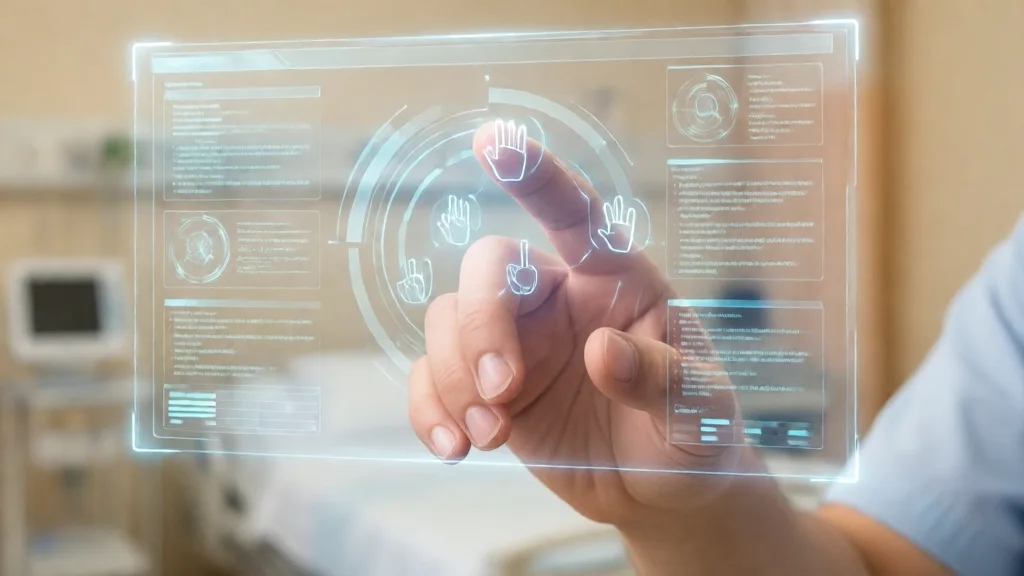 Mão humana tocando uma interface digital translúcida com símbolos de gestos flutuantes