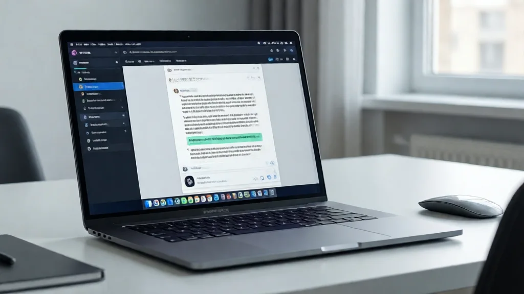 Espaço de trabalho moderno com um laptop mostrando uma interface de edição de documentos com ferramentas de IA