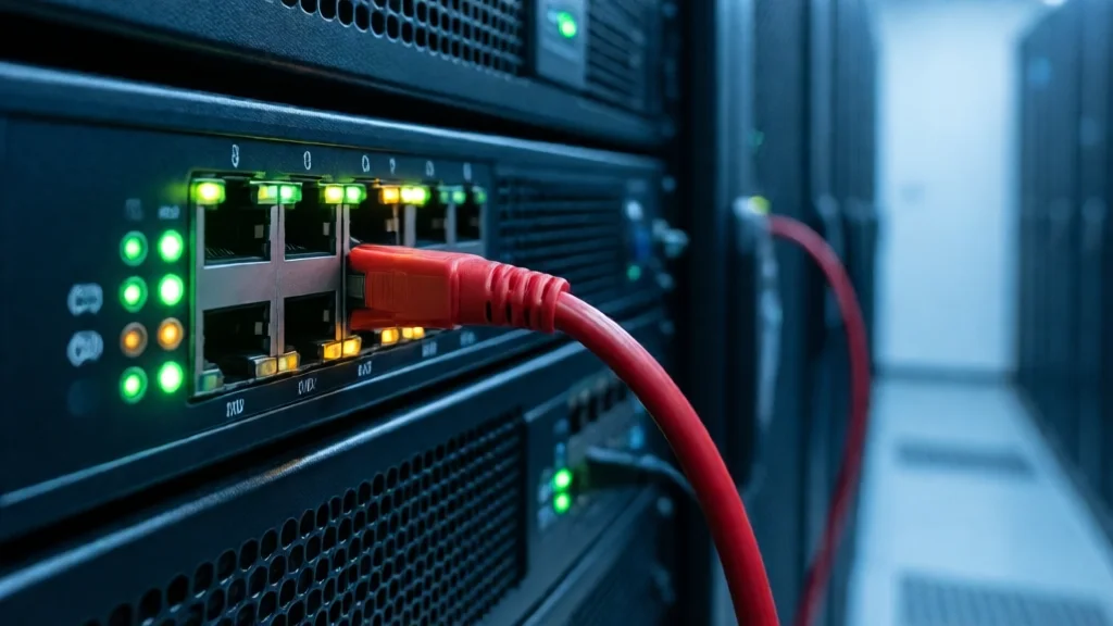 Equipamento de rede em rack de servidor com LEDs acesos, um cabo vermelho conectado em destaque