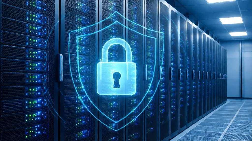 Servidores de segurança com indicadores de status e escudo digital