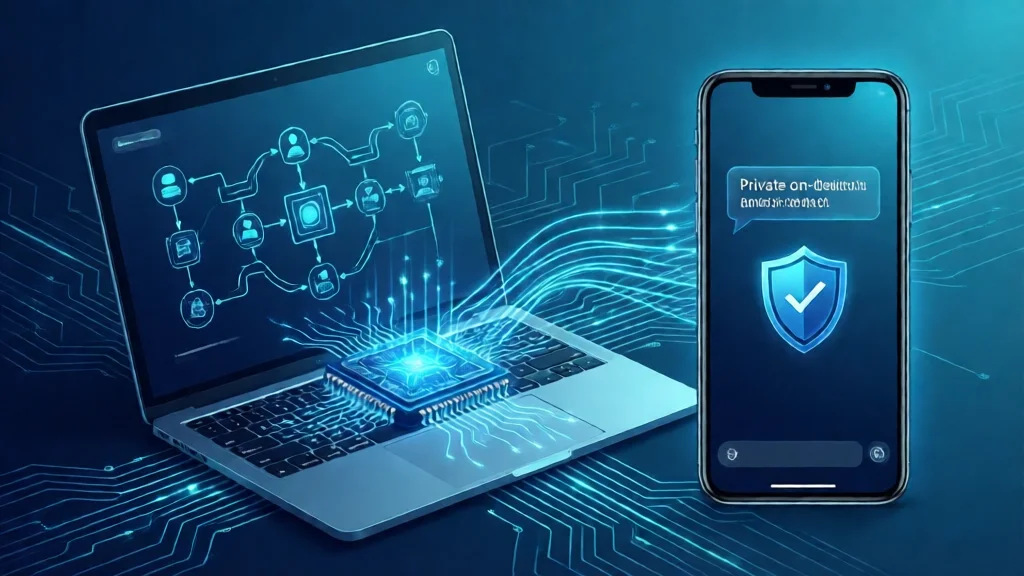 Ilustração de um laptop e um smartphone com chip de IA brilhante, fluxo de dados entre eles e escudo de privacidade na tela do celular
