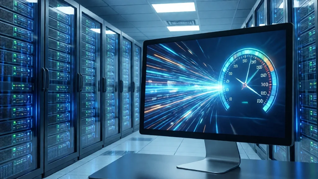 Servidor em data center com monitor mostrando fluxo de dados em alta velocidade