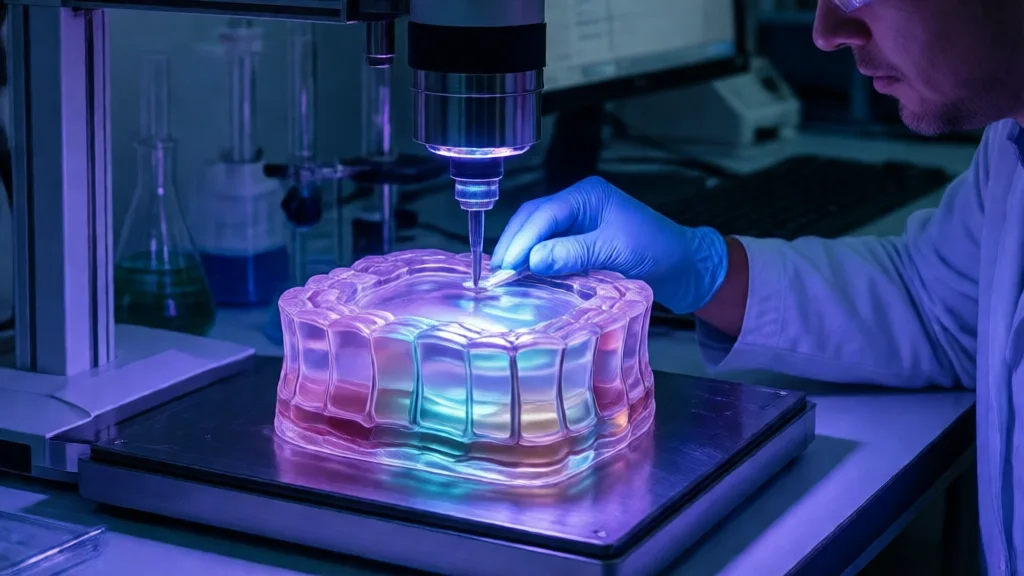 Dispositivo de biofabricação 4D criando estrutura de tecido