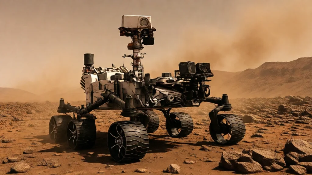 Rover em Marte com terreno rochoso